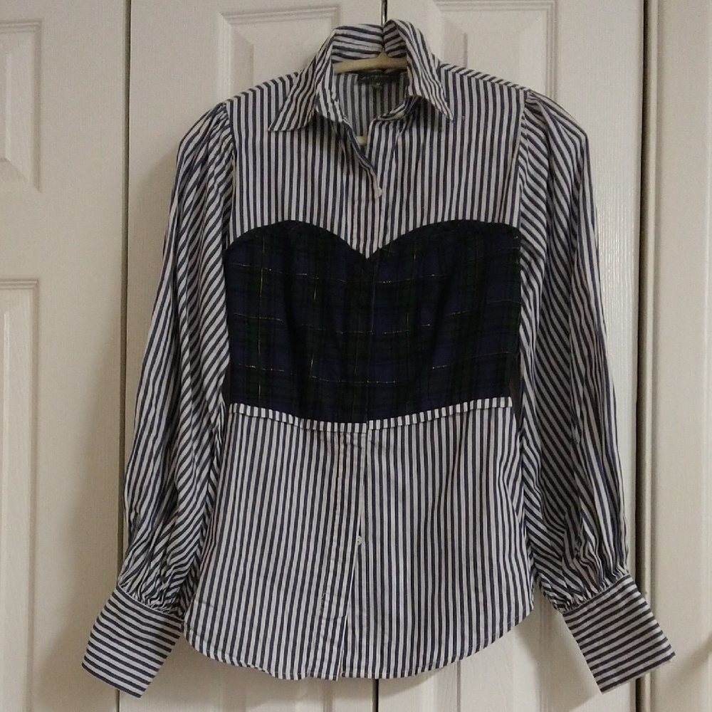 Greyson Blue And White Striped Corset Button Down Shirt